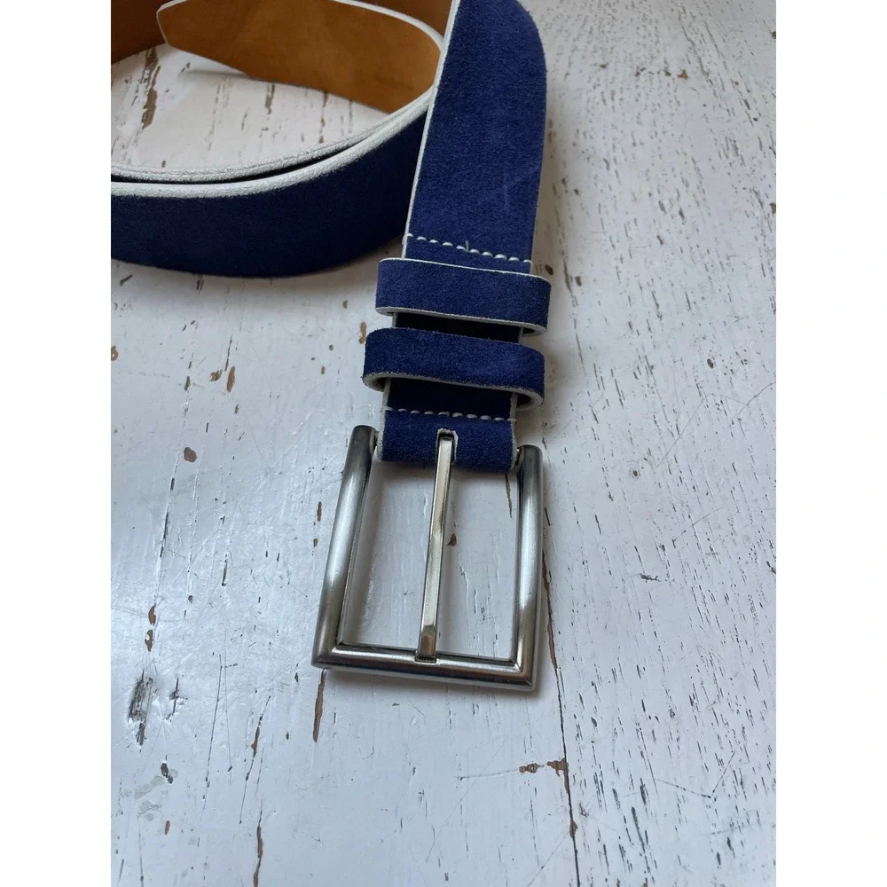 Patrick James Mens Navy Blue Suede Italian Leather Belt Made in USA Size 42